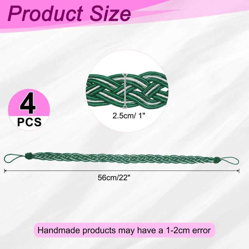 4 Pcs Curtain Tiebacks, Braided Drapery Holdback - Dark Green - 60cm/24"
