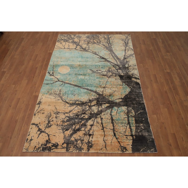 Hand Knotted Oriental Viscose Silk Carpet Modern Pictorial Oranges & Rust Abstract Area Rug - 7' 11'' X 4' 10''