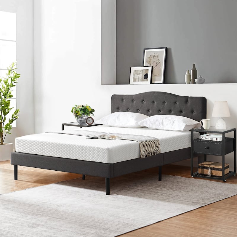 Taomika 3-pieces Height Adjustable Upholstered Bed and Modern Tempered Glass Nightstands Set