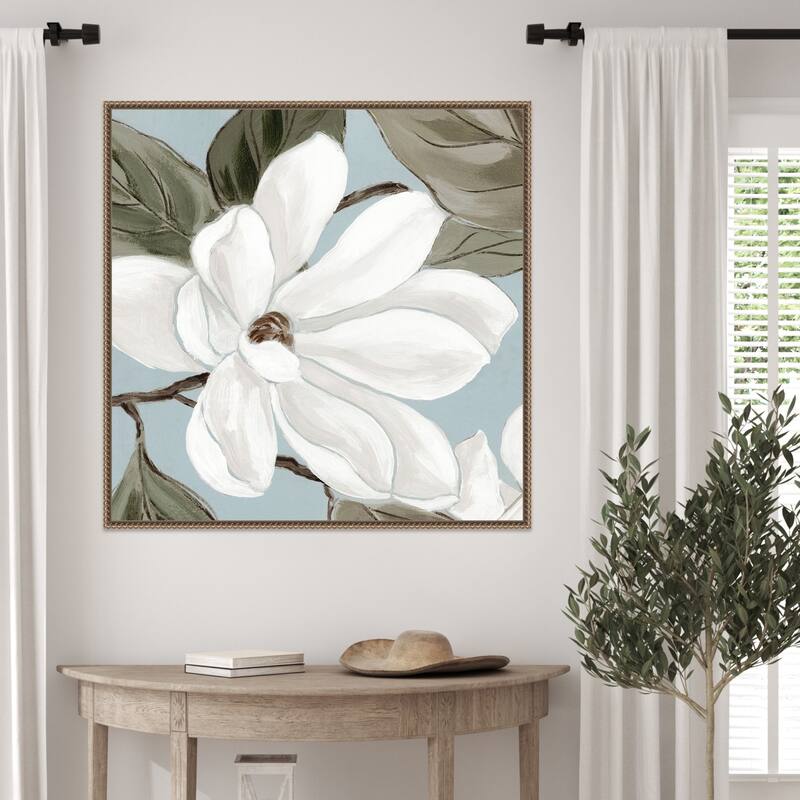 Soft Magnolia Bloom in Gentle Blue by Alex Black (30 x 30 in.), Framed Canvas Wall Art Print