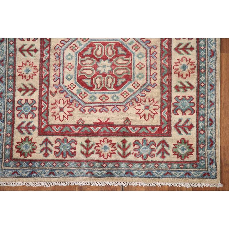 Hand Knotted Oriental 100% Wool Carpet Traditional Geometric Beige & Ivories Kazak Runner Rug - 12' 9'' X 2' 9''