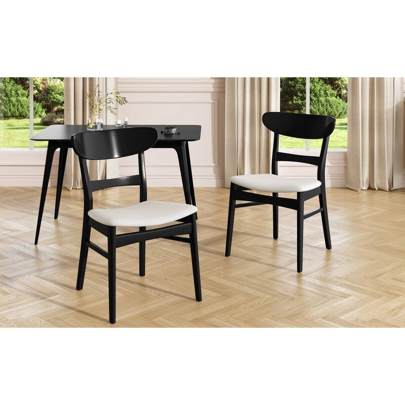 Set of 2 Dining Chairs, Upholstered Seat, Rubberwood Legs, Black + Light beige