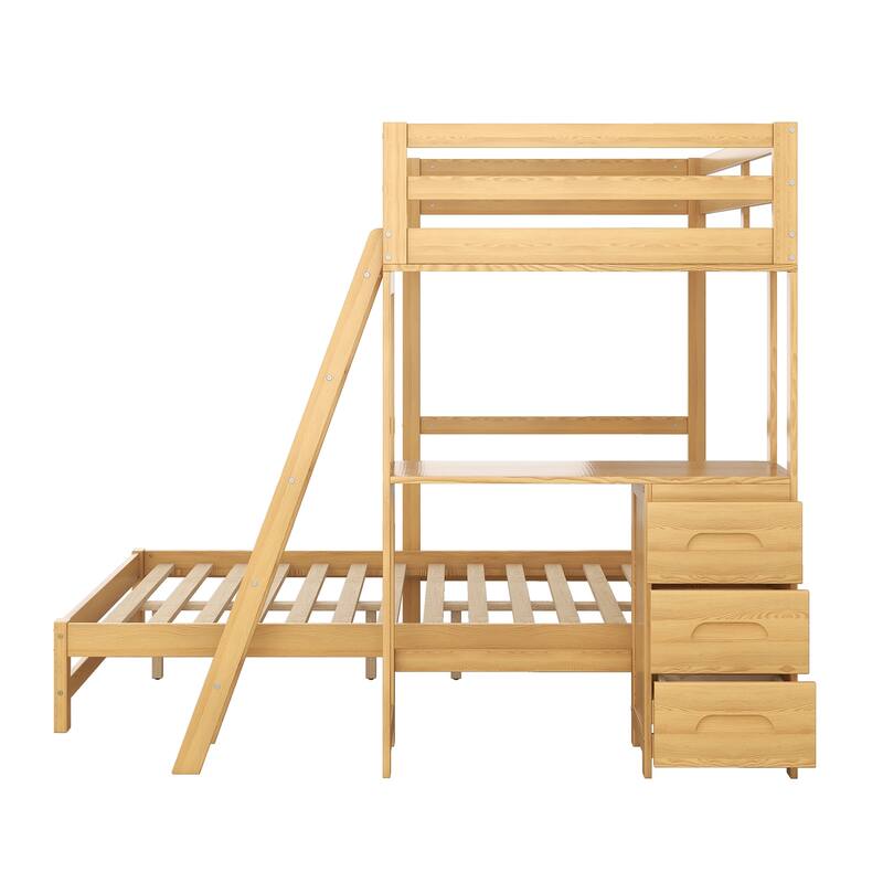 Twin over Full L-Shaped Bunk Bed Multi-Functional Pine Wood Bunk Bed Frame with All-in-One Desk and 3 Drawers
