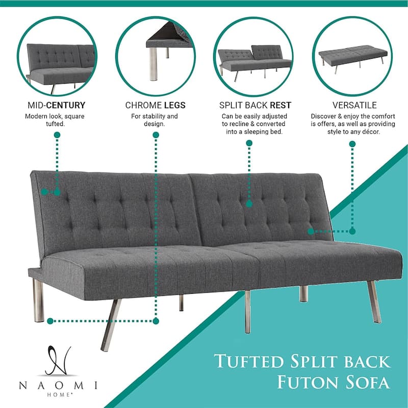 Tufted Mid-Century Modern Split Back Futon Sofa Couch Bed with Chrome Legs
