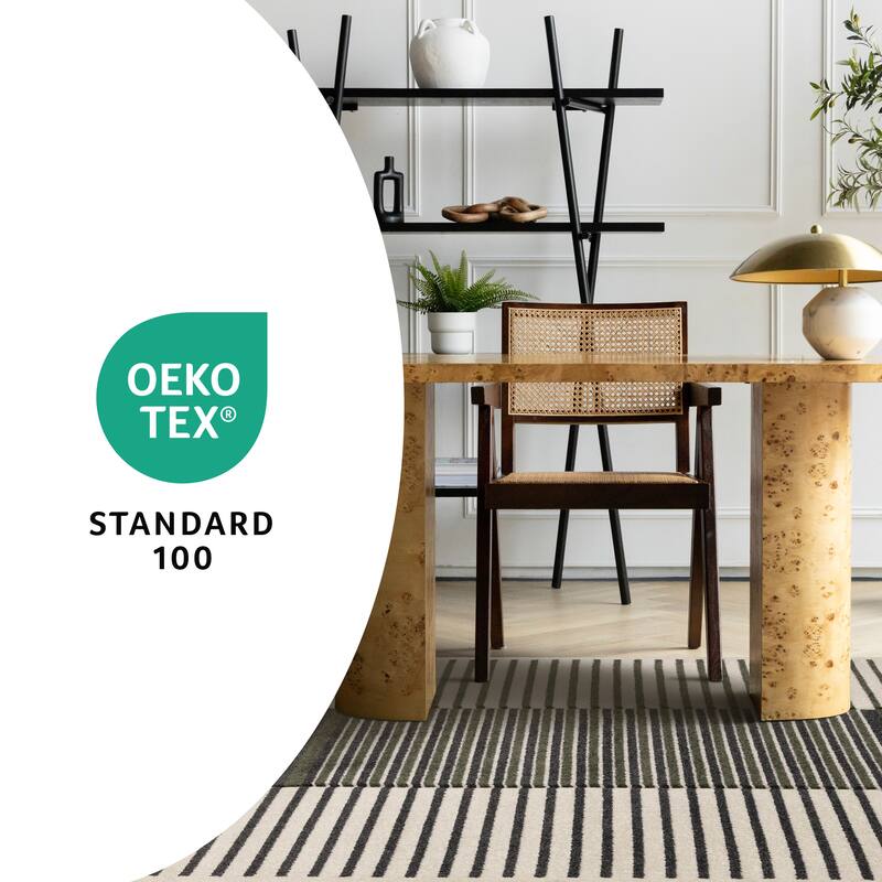 Green Black White Modern Striped High-Traffic Area Rug