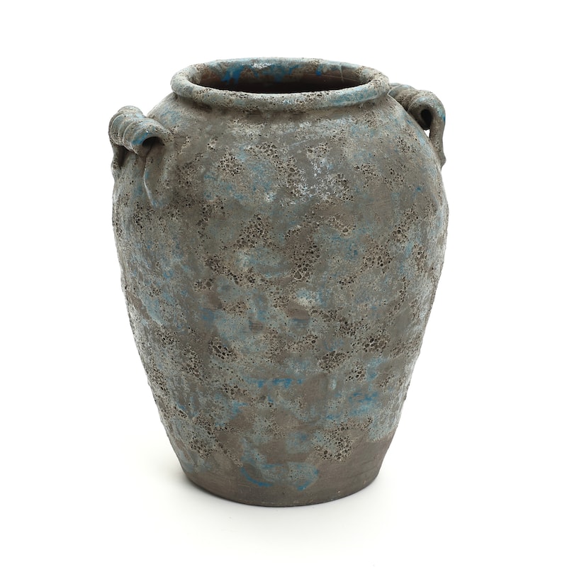 Antiqued Blue & Brown Terracotta Vase with Handles, Vintage Pottery - 12.6" H x 10.63" W x 10.04" D