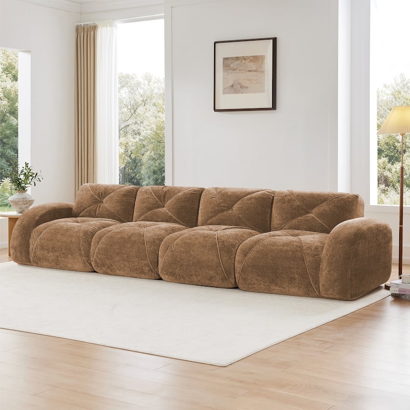 Roomfitters 114 Inch Modular Floor Sofa, Fluffy Plush Sectional with Ottoman, Chocolate - Camel 140''