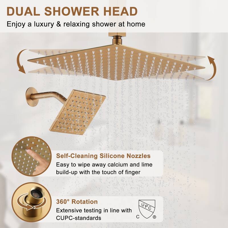 CASAINC Dual Heads 12 Inch Ceiling Mounted Square Shower Head Shower System with Handheld Shower Digital Display Shower