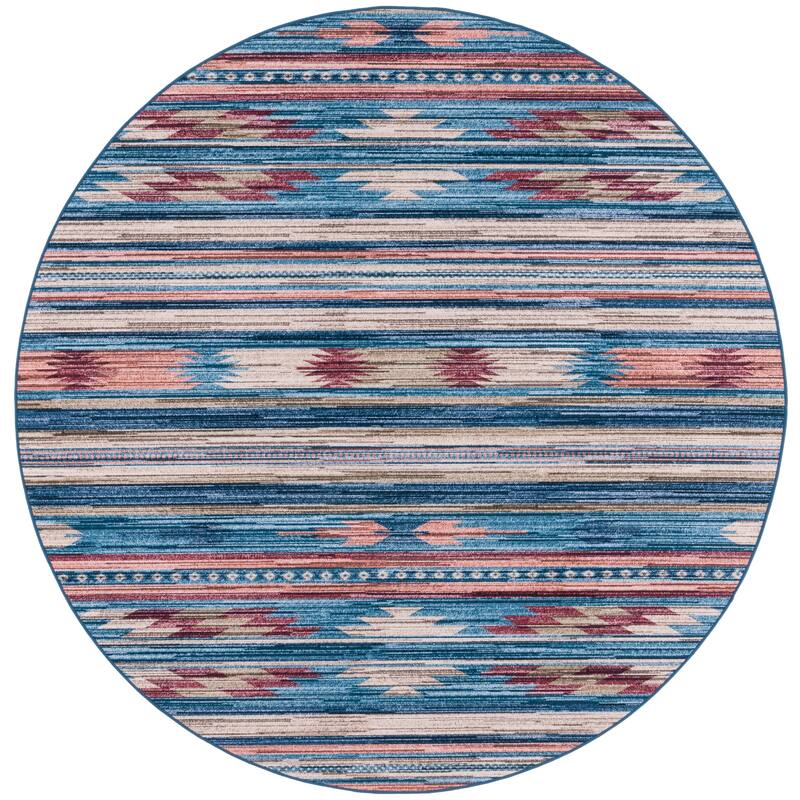 SAFAVIEH Tucson Veronica Transitional Machine Washable Rug - 6' Round - Blue/Rust