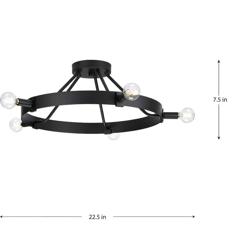 Breckenridge Collection Five-Light Matte Black Rustic Farmhouse Semi-Flush Mount - 22.5 in x 22.5 in x 7.5 in