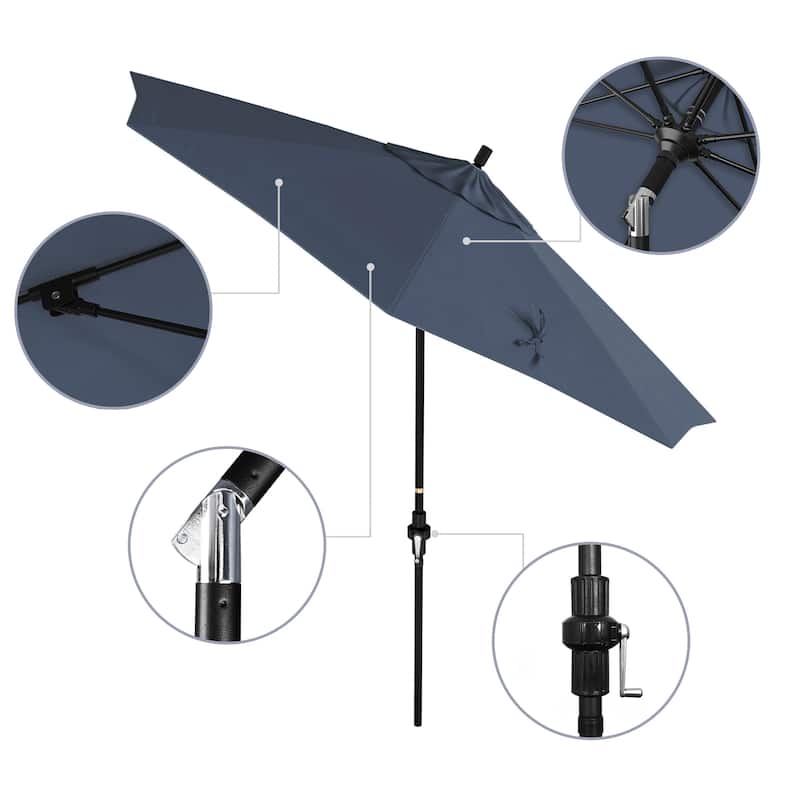 California Umbrella 9' Rd Patio Umbrella Black Aluminum Frame Fiberglass Ribs Crank Lift Collar Tilt, Pacifica Pacific Blue