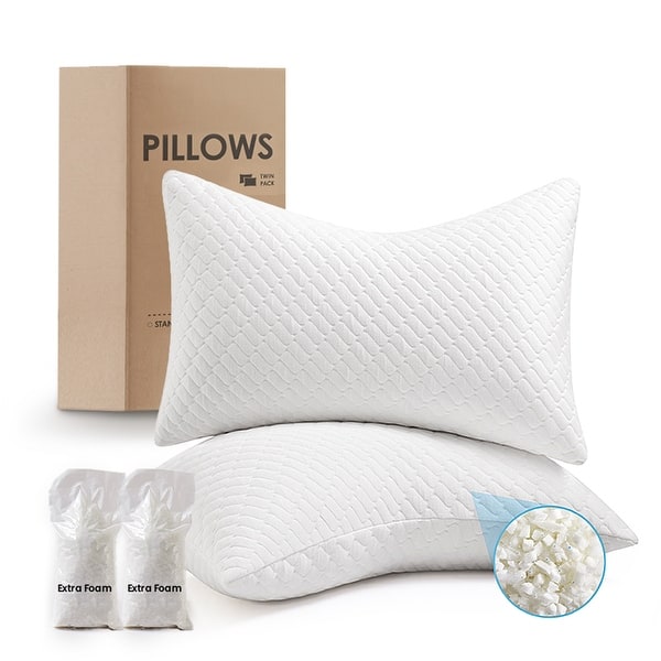 King Size Cooling Pillows Set Of 2 - Adjustable Shredded Memory Foam, Dual-Sided Cover, For All Sleep Positions