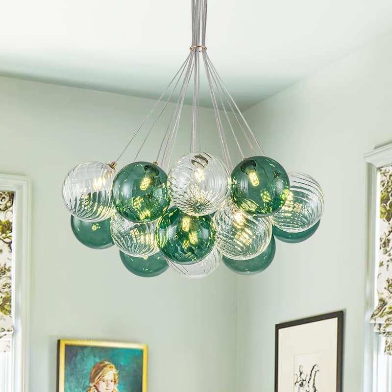 Stylish 16-Light Blue Tone Cluster Glass Bubble Chandelier - Green