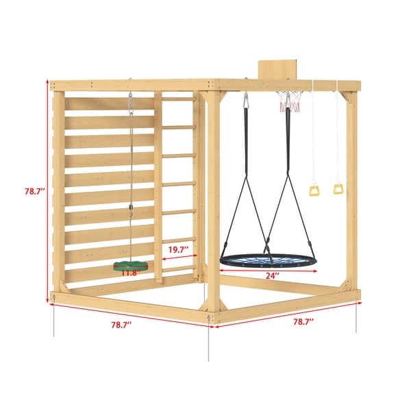 8-in-1 Cedar Wood Outdoor Playset for Backyard, Kids Swing Set with Climbing Wall, Monkey Bars, Basketball Hoop & Sand Box
