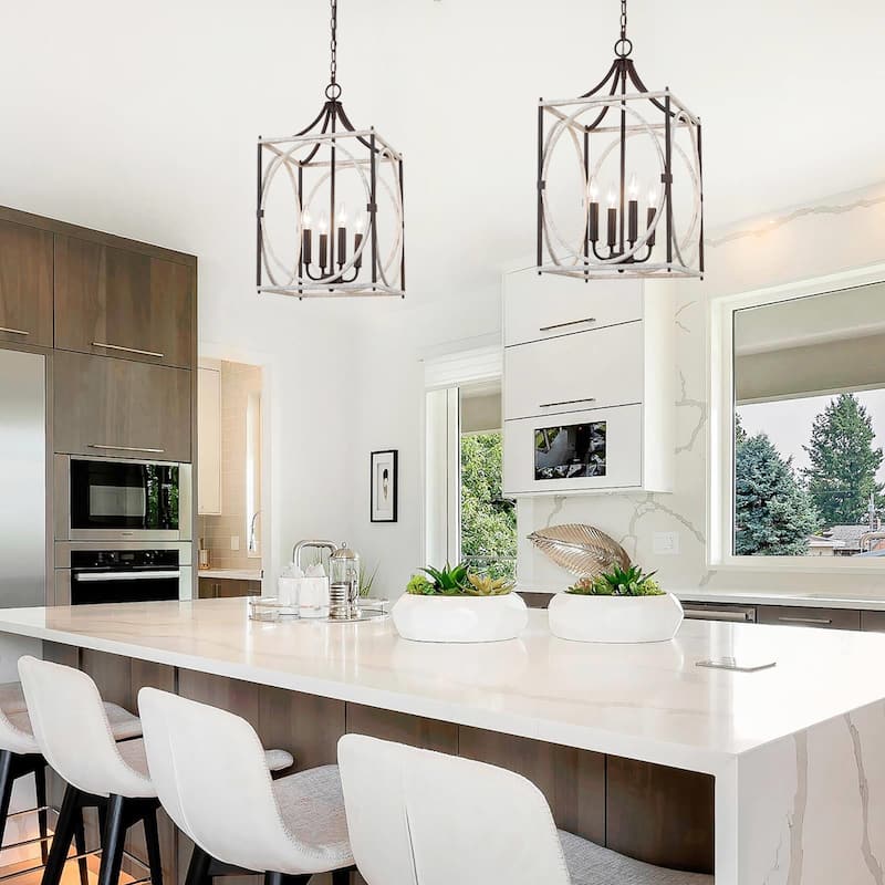 Farmhouse 4-Light Lantern Chandelier Rustic Pendant for Kitchen Island