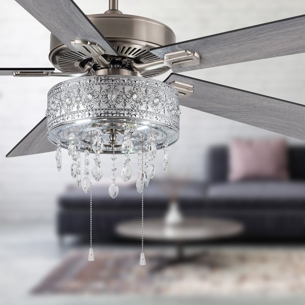 slide 2 of 11, River of Goods Roxsie 52-inch Satin Nickel LED Chandelier Ceiling Fan - 52"L x 52"W x 18.25"H - 52"L x 52"W x 18.25"H Pull Chain