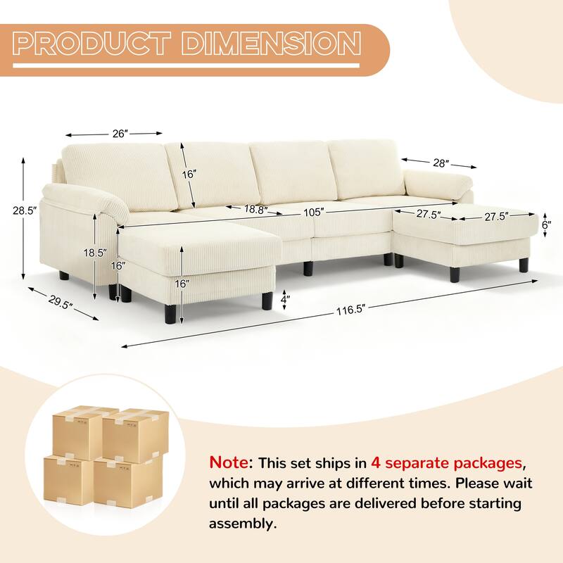 116.5" Corduroy U-Shaped Modular Sectional Sofa with 2 Movable Ottomans