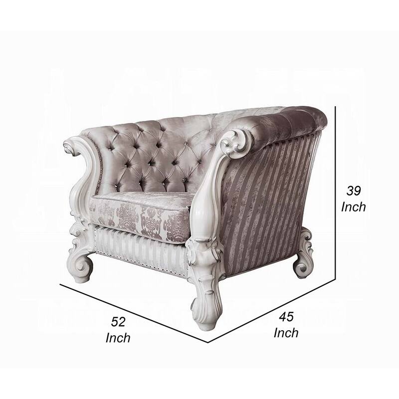 Kai Accent Chair, 2 Pillows, Tufted Ivory Fabric, Scrolled, White Wood