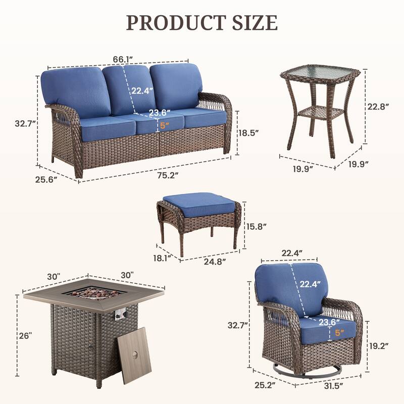 Pocassy Outdoor Sofa Ottoman Swivel Chair Table with Fire Table Set.