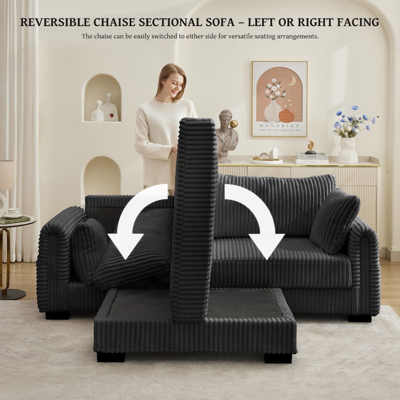 L-Shaped Sofa, 2 Seater Modular Sectional Sofa with Convertible Chaise, USB Ports, Corduroy Couch with Oversized Side Pocket