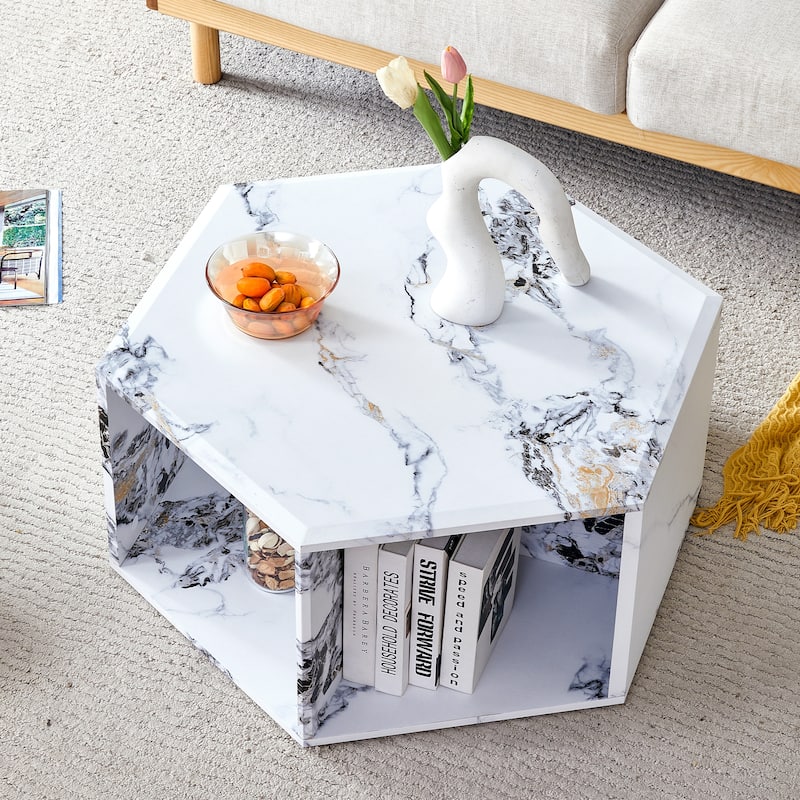 Hexagonal Coffee Table with Open Storage Space Multifunctional Wooden Side Table Small Apartment Center Table
