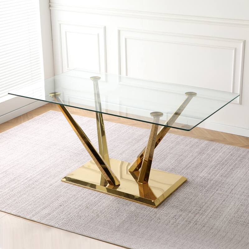 5-Piece Rectangular Dining Table Set for 4 Modern 63" Tempered Glass Kitchen Table with 4 Chairs, Luxury Dining Room Table Set