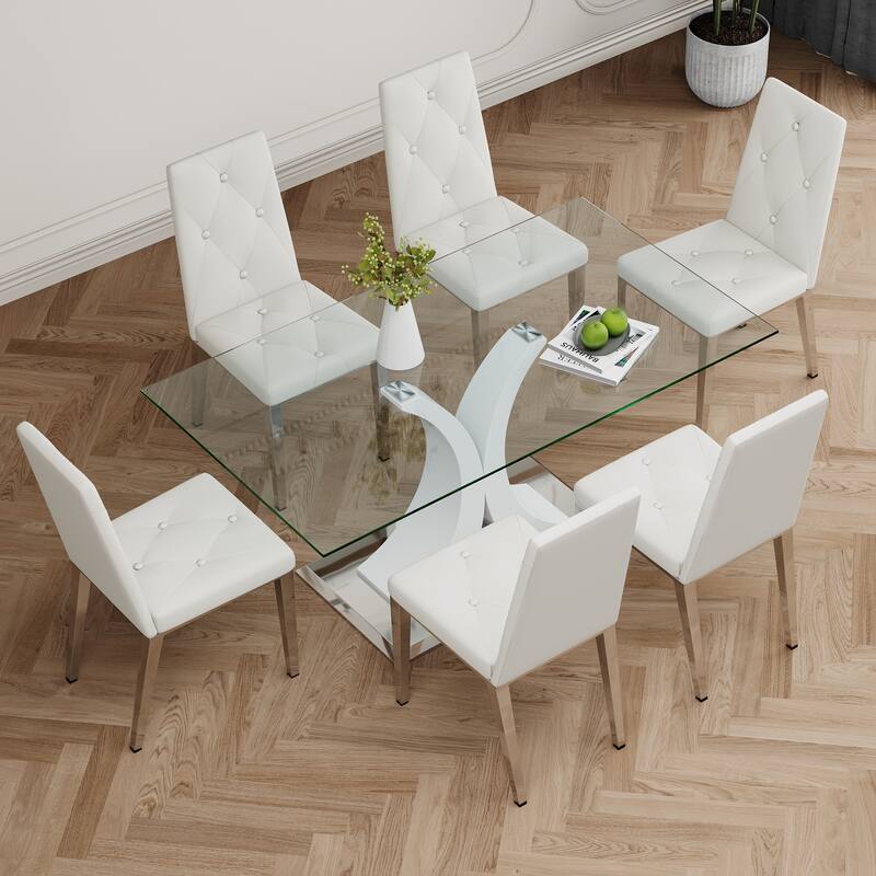 Modern Style Glass Table,Durable Support Base,Dining Chair Set For Restaurant Kitchens(Set of 7)