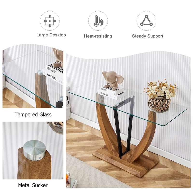 Modern minimalist rectangular glass table with 0.39 "tempered glass top and MDF wood grain sticker legs, suitable for en