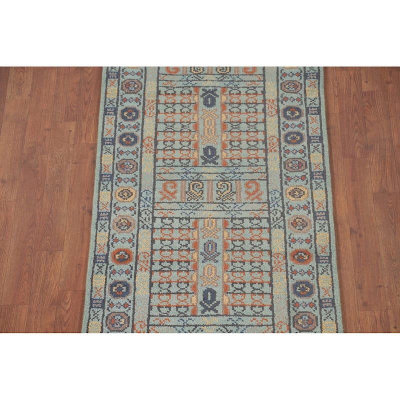 All-Over Blue Khotan Oriental Runner Rug Wool Carpet - 2'7"x 9'11"