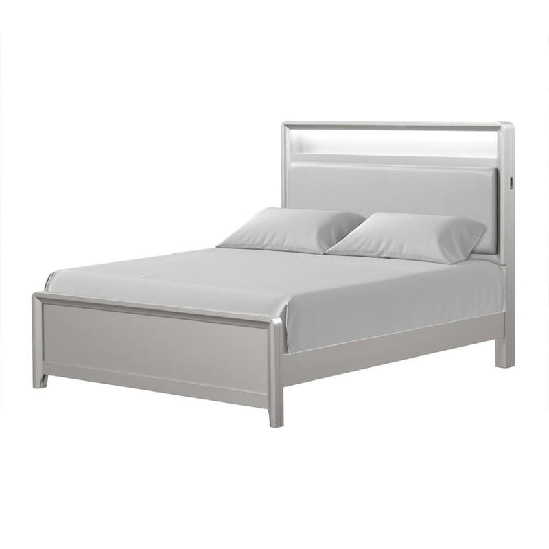 Broy Full Size Bed w LED Bookcase Headboard, Champagne Silver Veneer