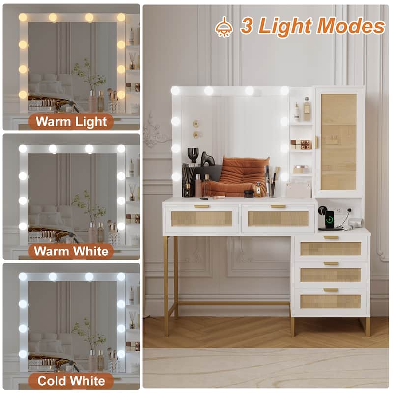 Vanity Mirror with Lights and Table, Rattan