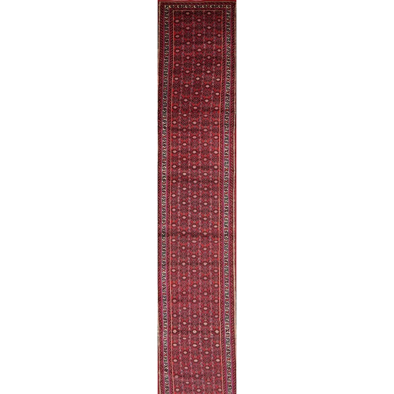 Hand Knotted Oriental 100% Wool Carpet Traditional Geometric Red Hossainabad Runner Rug - 31' 6'' X 2' 8''