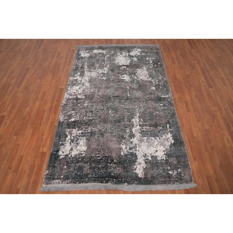 Hand Knotted Oriental Viscose Silk Carpet Modern All-Over Greys & Charcoal Abstract Area Rug - 8' 0'' X 4' 11''