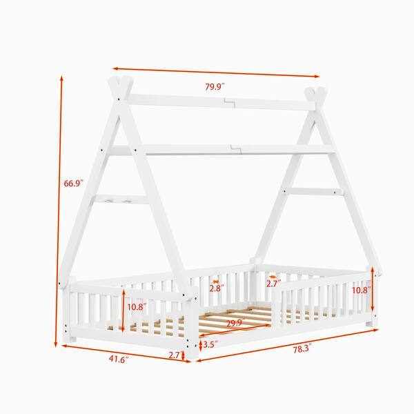 Twin House Bed with Fence and Roof for Kids Boys & Girls, White