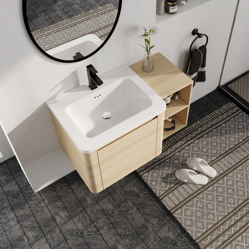 Malwee 24"/36"/48"/60" Floating Bathroom Vanity, Wall Mounted Bathroom Vanity with Ceramic Sink,Soft Close Door and Shelf