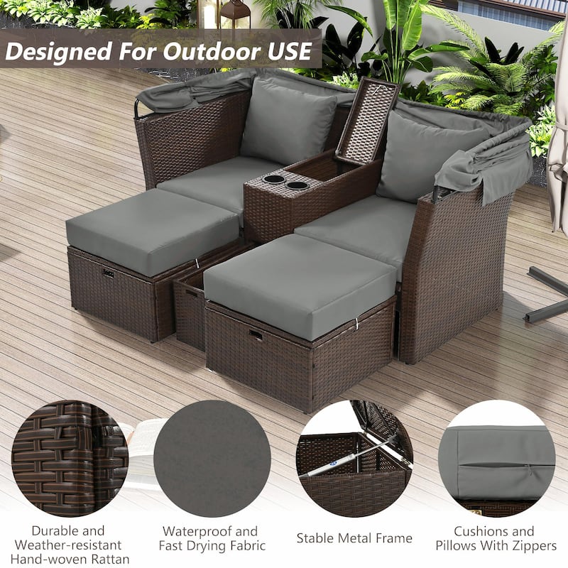 Outdoor Patio Loveseat Sofa Set with Foldable Awning