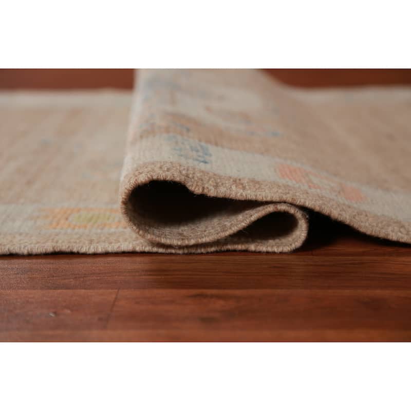Hand Knotted Oriental 100% Wool Carpet Transitional Geometric Brown Oushak Runner Rug - 10' 2'' X 2' 11''