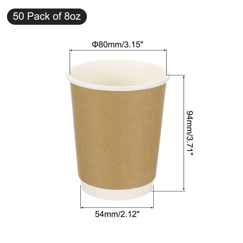Kraft Paper Coffee Cups, 50 Pack Double-Layer Disposable Cups - Brown - 80mm x 94mm