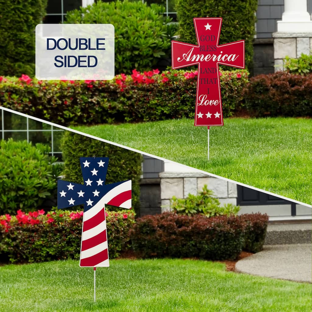 Glitzhome 32"H Patriotic Double Sided Metal Cross Yard Stake Wall Decor