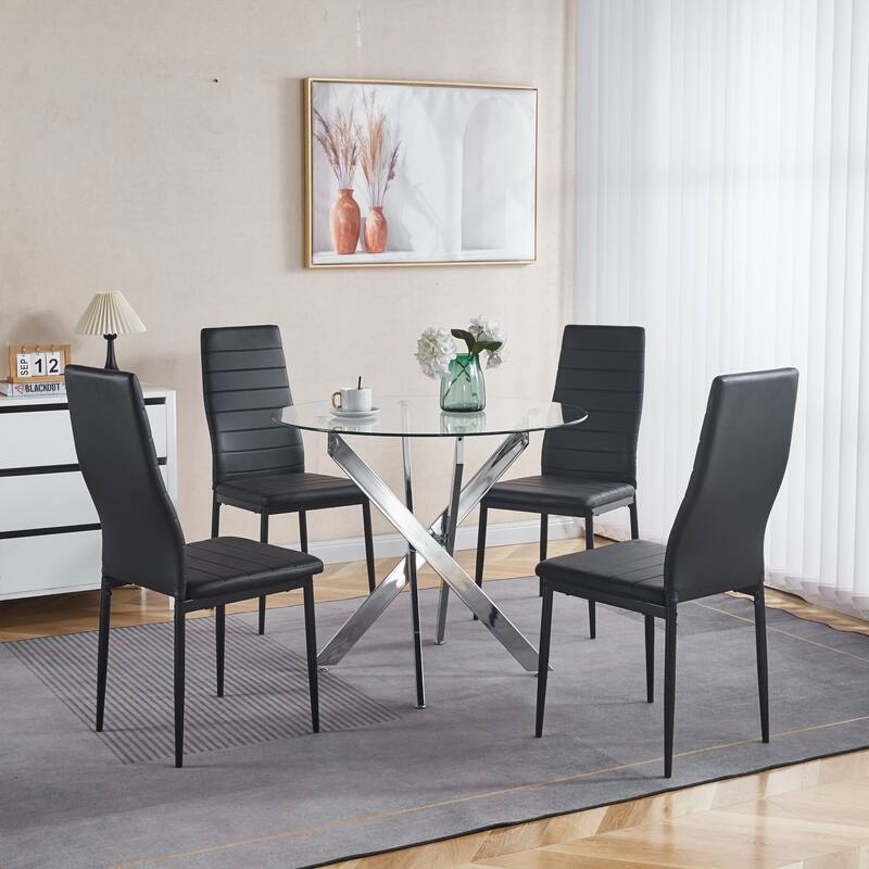 Round Glass Dining Table for 4-Person, Kitchen Table with Tempered Glass Top & Cross Metal Legs, Leisure Table for Small Places
