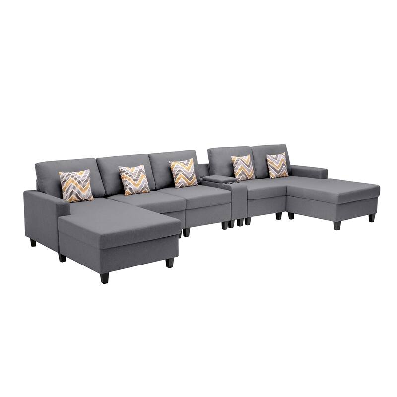 Linen Fabric 6 Piece Double Chaise Sectional Sofa with Storage Console Table and 5 Pillows