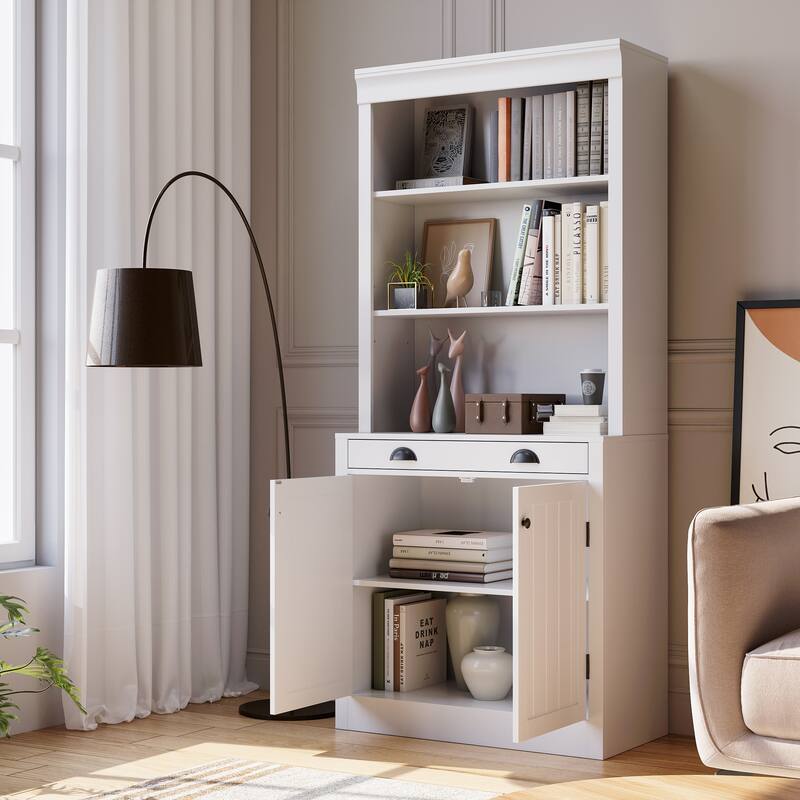 Bookcases with 2 Doors and 1 Drawer, Floor Standing Display Storage with Open Shelves - 35.8x22.4x83.4in - White - 35.8x22.4x83.4in