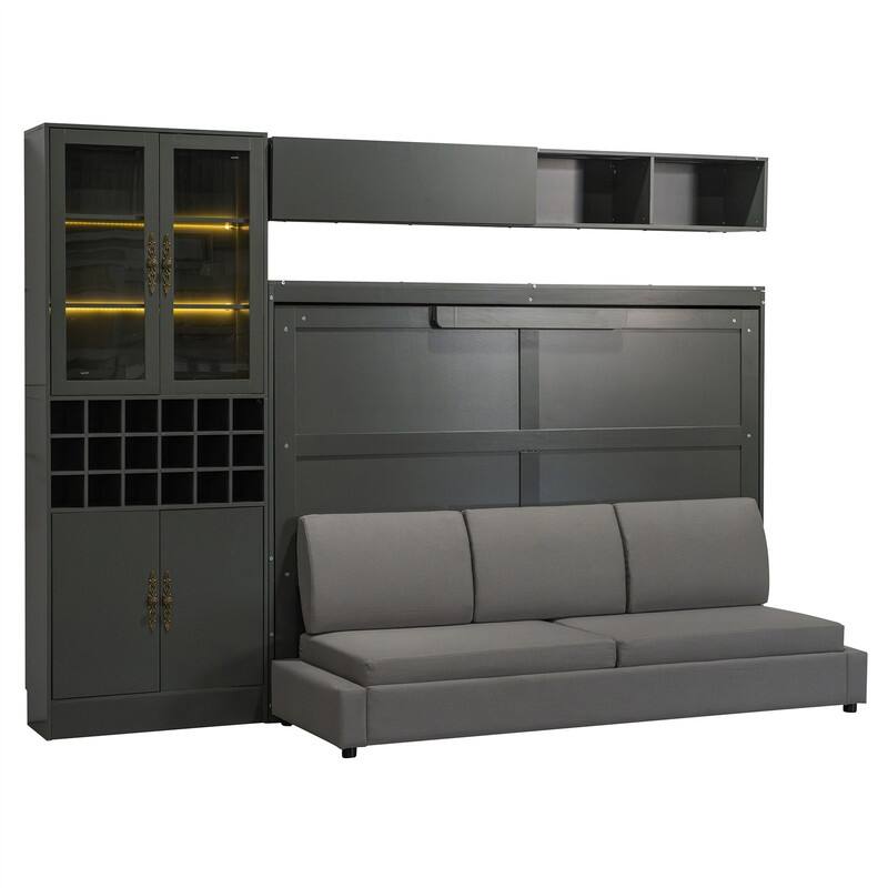 Full/Queen Size Murphy Bed Wall Bed with Sofa, Light and USB Charging, Foldable Murphy Cabinet Bed w/ Storage Shelves & Cabinets