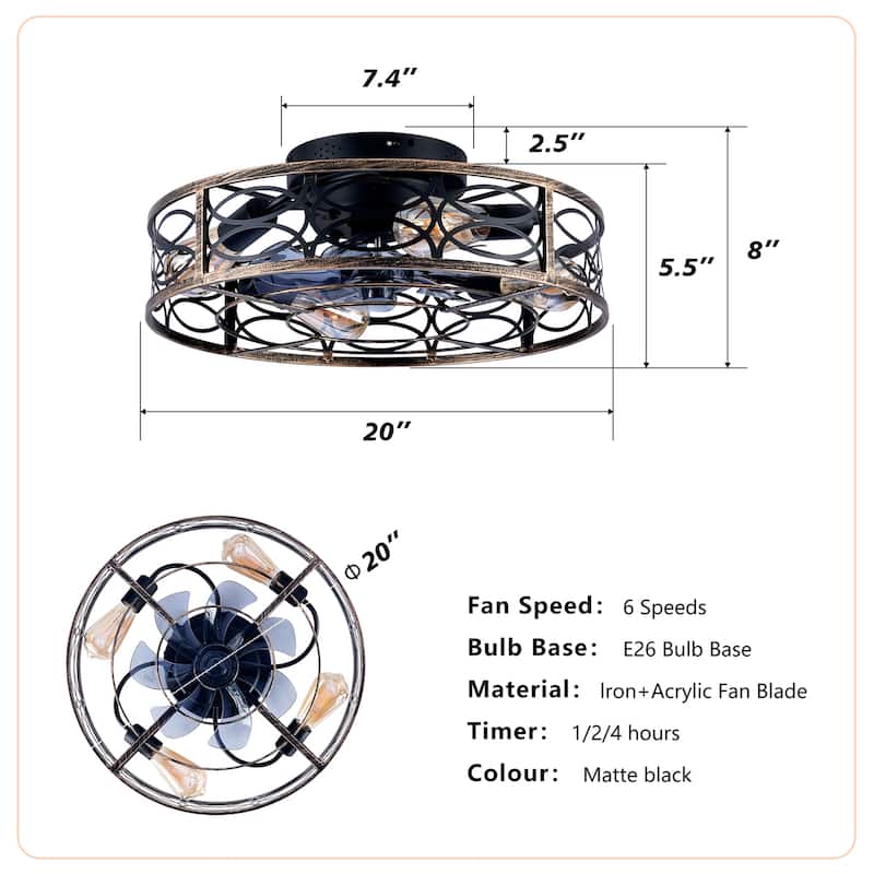 20" Low Profile Caged Ceiling Fans with Lights and Remote, NOT Included Bulb