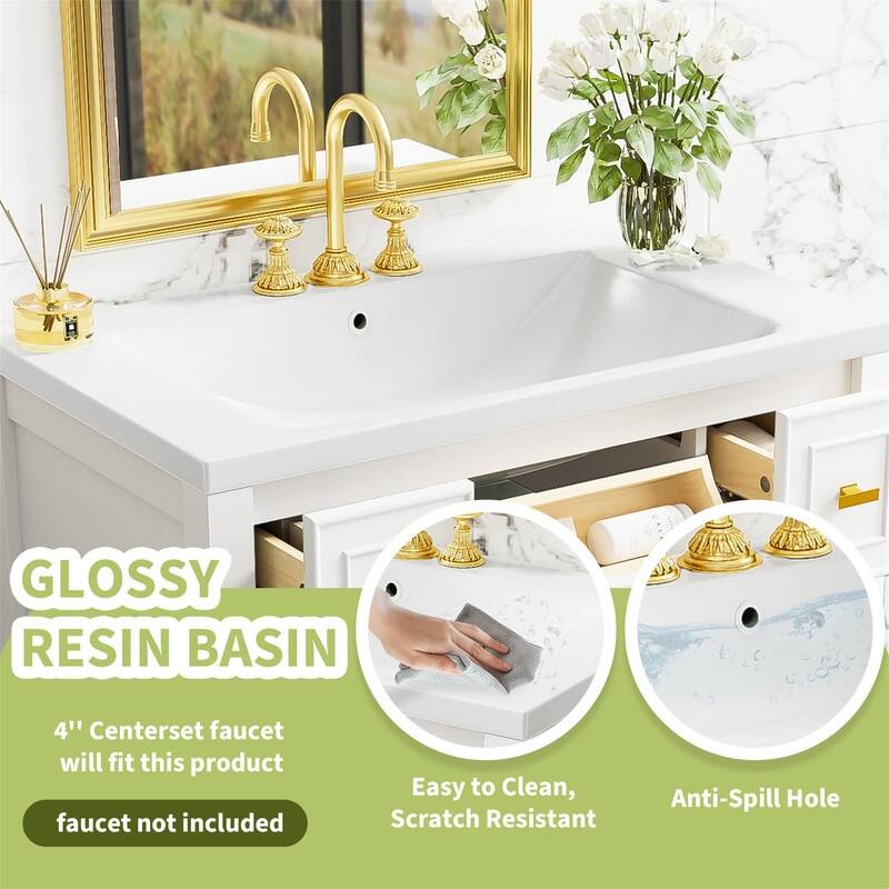 30'' Bathroom Vanity with/without Resin Sink, Freestanding Bathroom Vanity Cabinet with 5 Drawers & Open Shelf, Solid Wood Frame