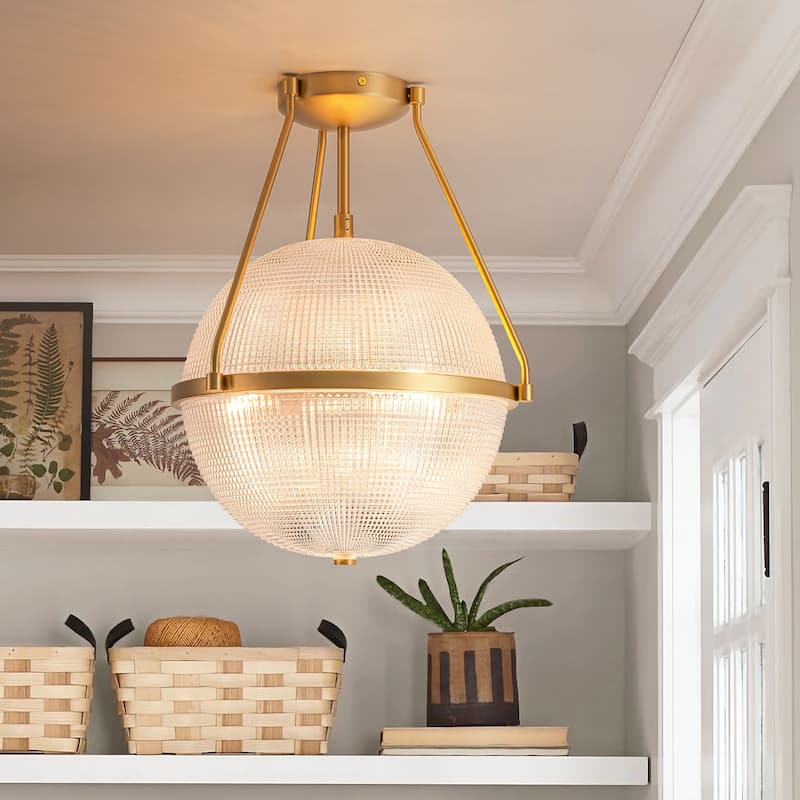 3-Light Mid-Century Textured Glass Globe Bubble Sphere Semi-Flush Mount Ceiling Light For Kitchen Island