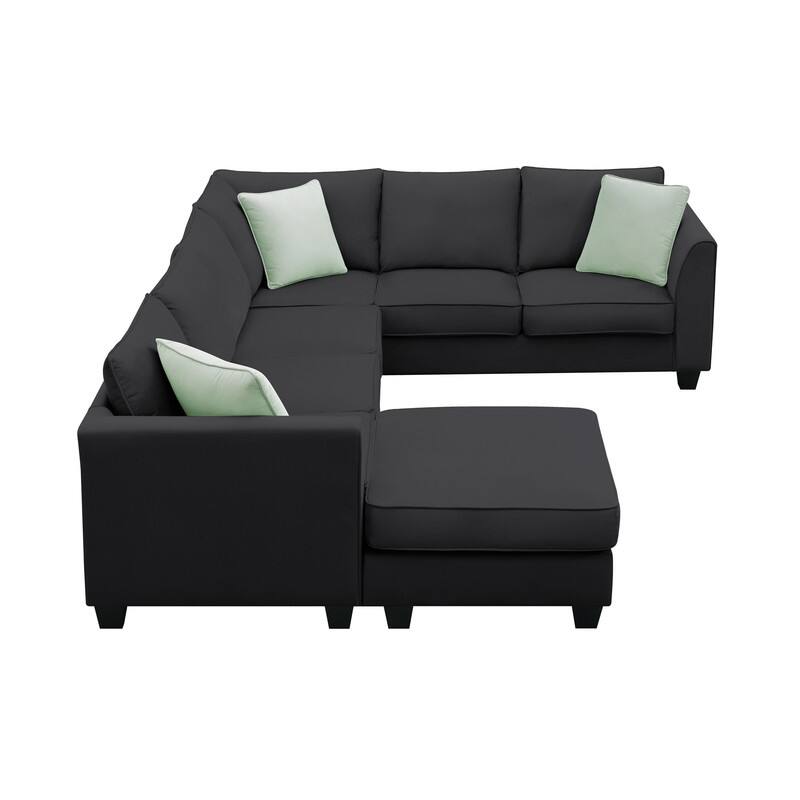 L Shape Fabric Sectional Sofa, 7 Seats Modular Sectional Sofa with Ottoman, 3 Pillows