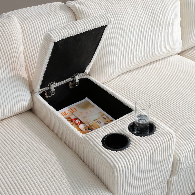 Comfy Corduroy Cloud U-shaped Sectional Sofa with Double Chiase Lounge, Built-in Storage Console and Cup Holders for Living Room