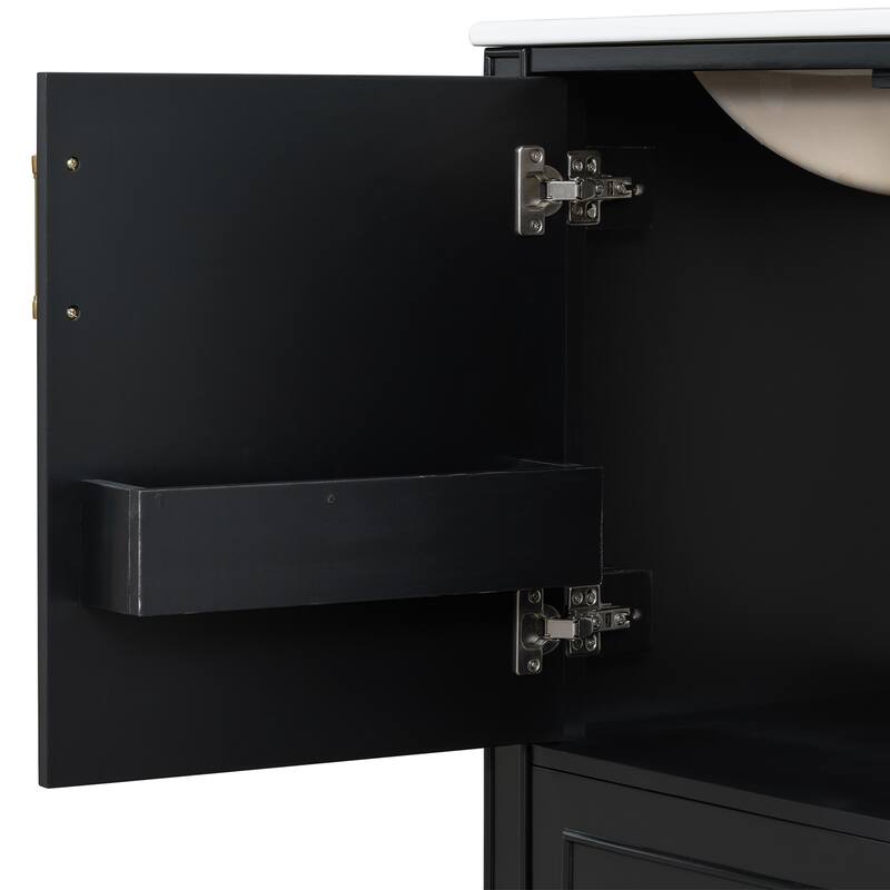 Solid Wood Bathroom Vanity with Ceramic Sink, Bathroom Storage Cabinet with 3 Drawers, Soft Close Doors & Built-in Shelf