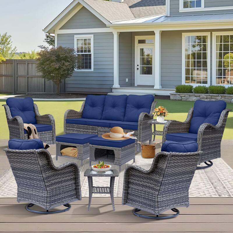 Gray Rattan Outdoor Patio Conversation Sets with Swivel Rocker Chairs